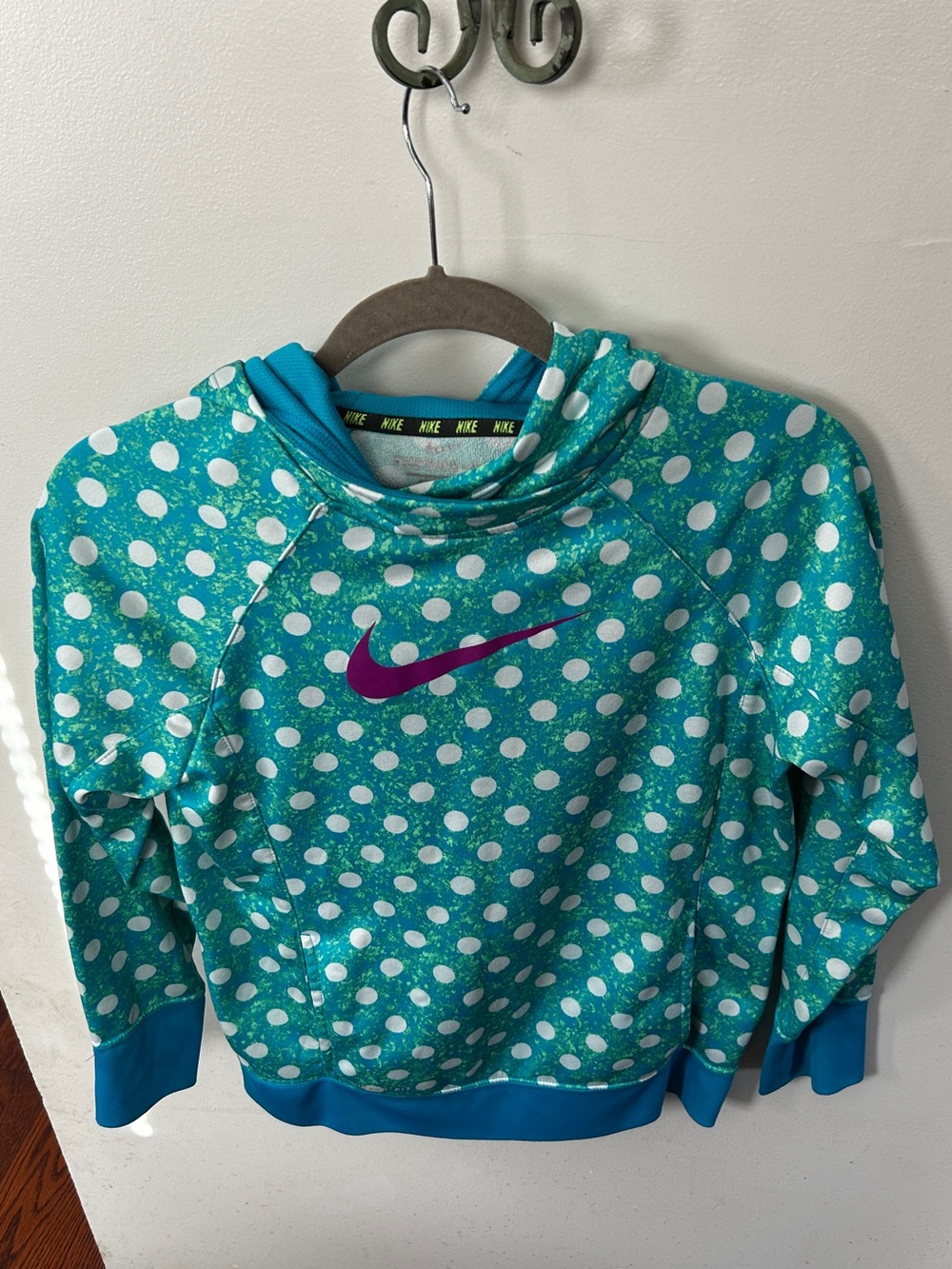 Nike Teal Polka Dot Kids Hooded Sweatshirt with Pink Swoosh